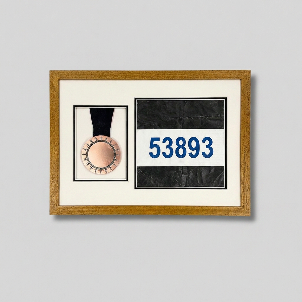 a framed collage with a medal and a number displayed on it.