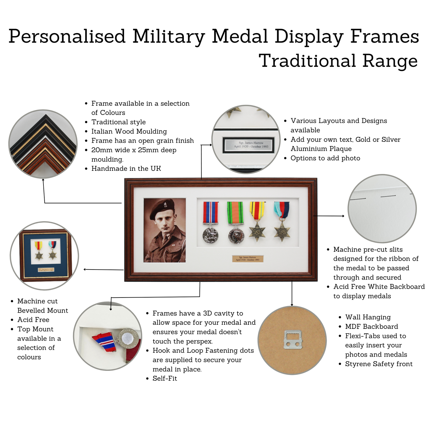 Personalised Military Medal display Frame for Six Medals and one 6x4" Photograph. Traditional Range - PhotoFramesandMore - Wooden Picture Frames