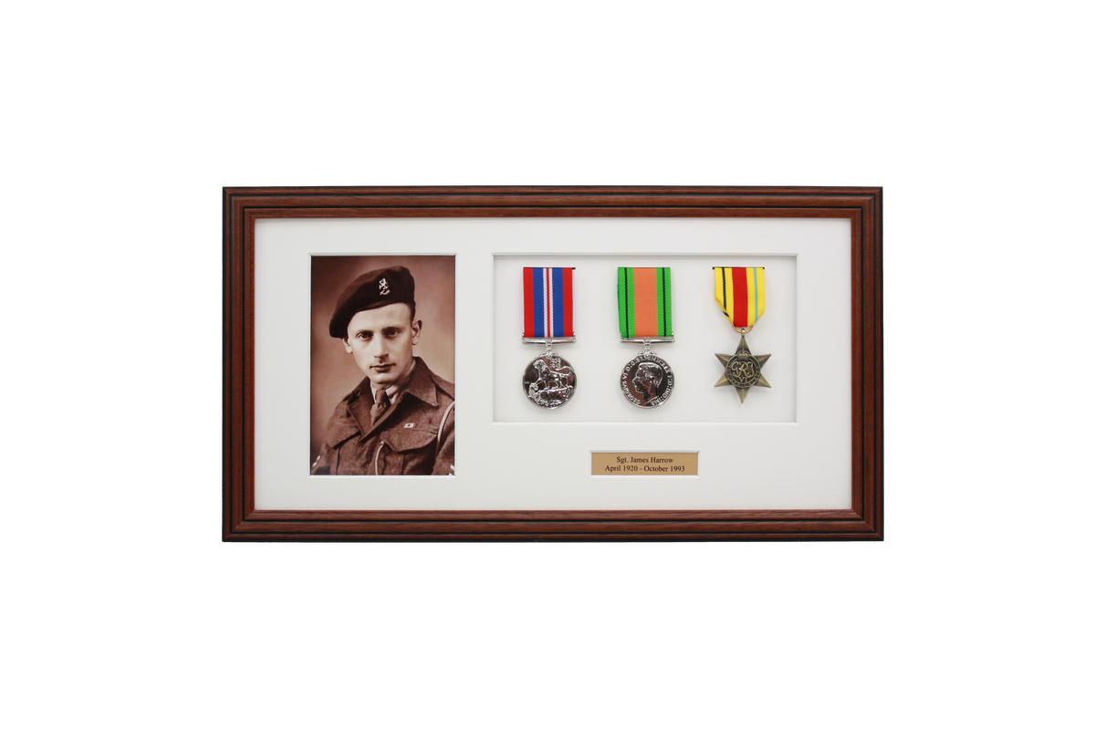 Personalised Military Medal display Frame for Three Medals and a 6x4" Photograph. Traditional Range. - PhotoFramesandMore - Wooden Picture Frames