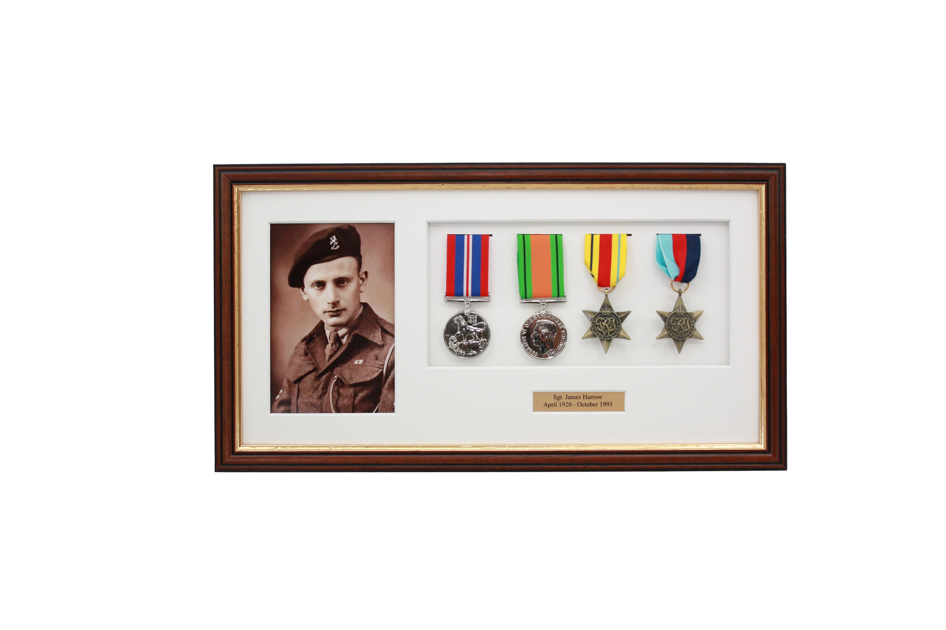 Personalised Military Medal display Frame for Four Medals and a 6x4" Photograph. Traditional Range. - PhotoFramesandMore - Wooden Picture Frames