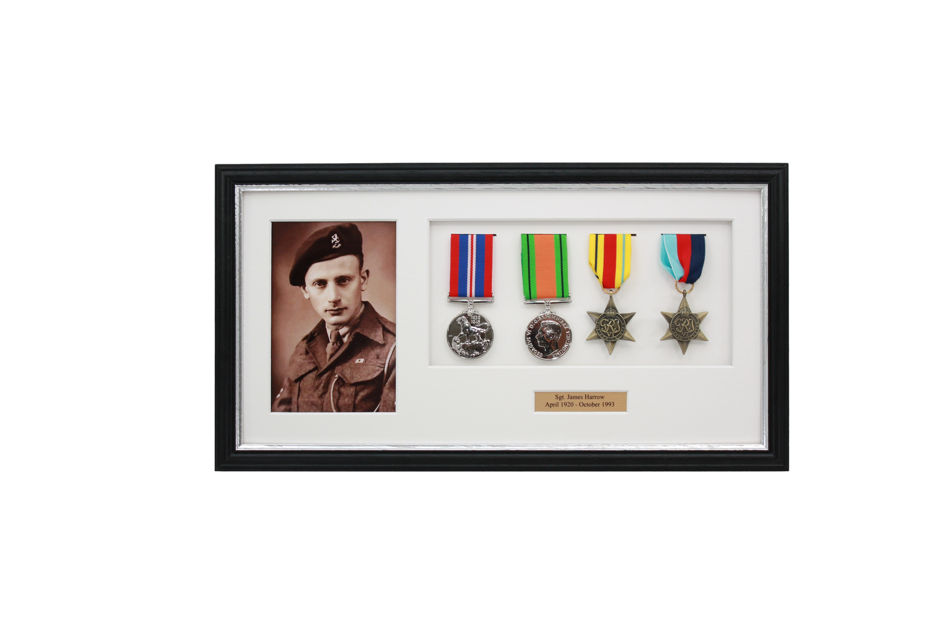 Personalised Military Medal display Frame for Four Medals and a 6x4" Photograph. Traditional Range. - PhotoFramesandMore - Wooden Picture Frames