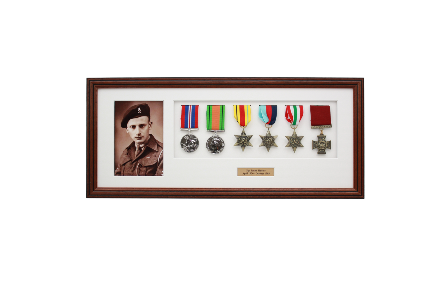 Personalised Military Medal display Frame for Six Medals and one 6x4" Photograph. Traditional Range - PhotoFramesandMore - Wooden Picture Frames