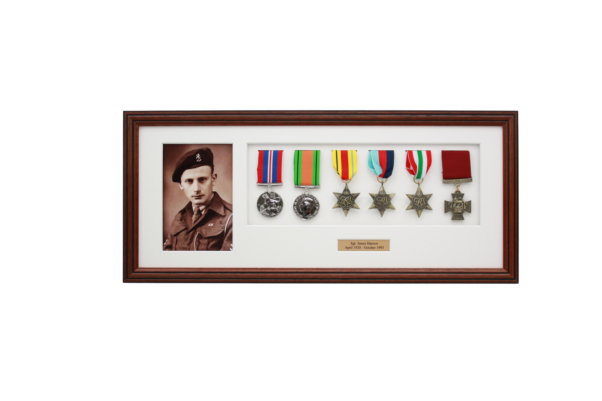 Personalised Military Medal display Frame for Six Medals and one 6x4" Photograph. Traditional Range - PhotoFramesandMore - Wooden Picture Frames