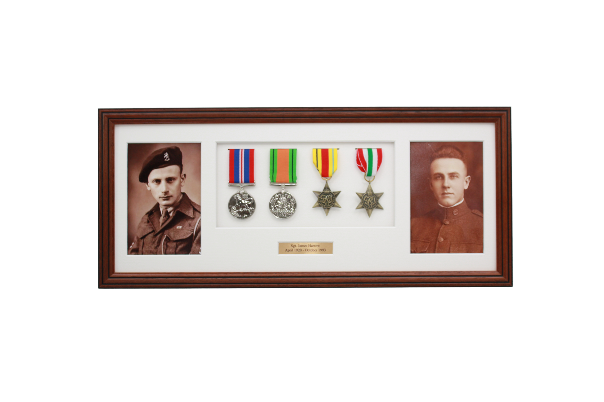 Personalised Military Medal display Frame for Four Medals and two 6x4" Photographs. Traditional Range. - PhotoFramesandMore - Wooden Picture Frames