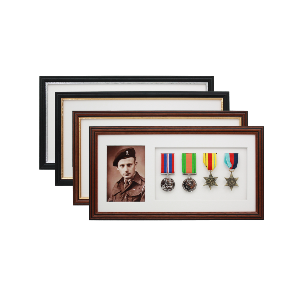 Military Medal display Frame for Four Medals and a 6x4" Photograph. Traditional Range. - PhotoFramesandMore - Wooden Picture Frames