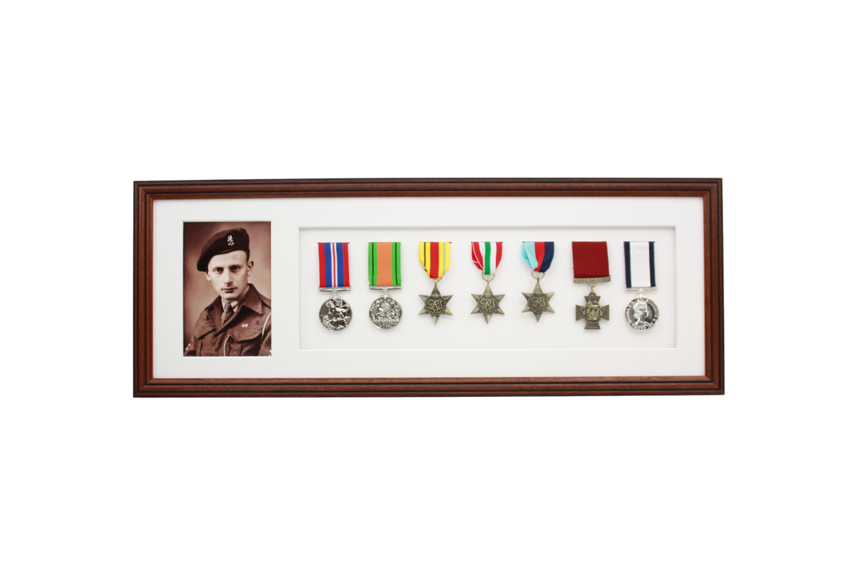 Military Medal display Frame for Seven Medals and one 6x4" Photo. Traditional Range.