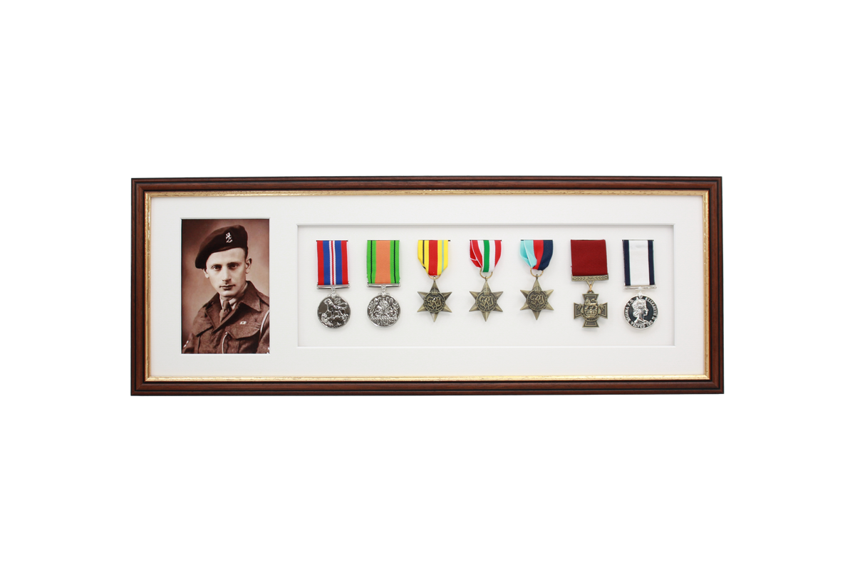 Military Medal display Frame for Seven Medals and one 6x4" Photo. Traditional Range.