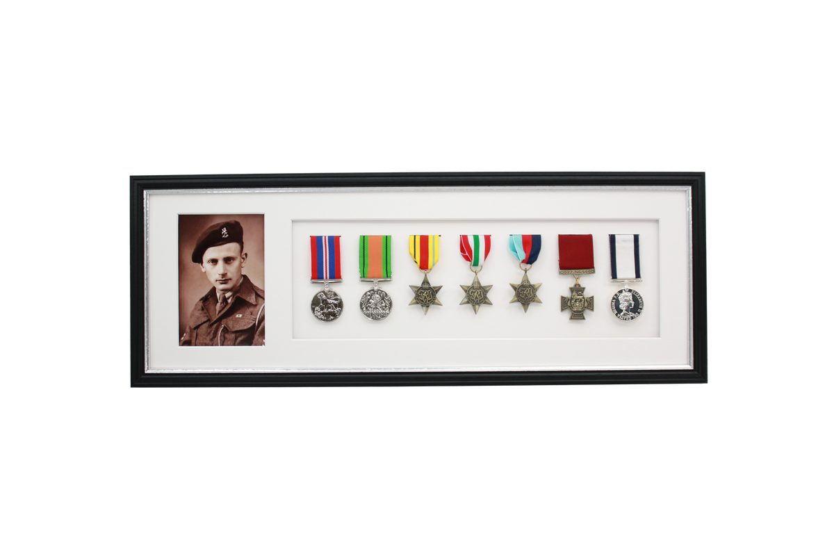 Military Medal display Frame for Seven Medals and one 6x4" Photo. Traditional Range.