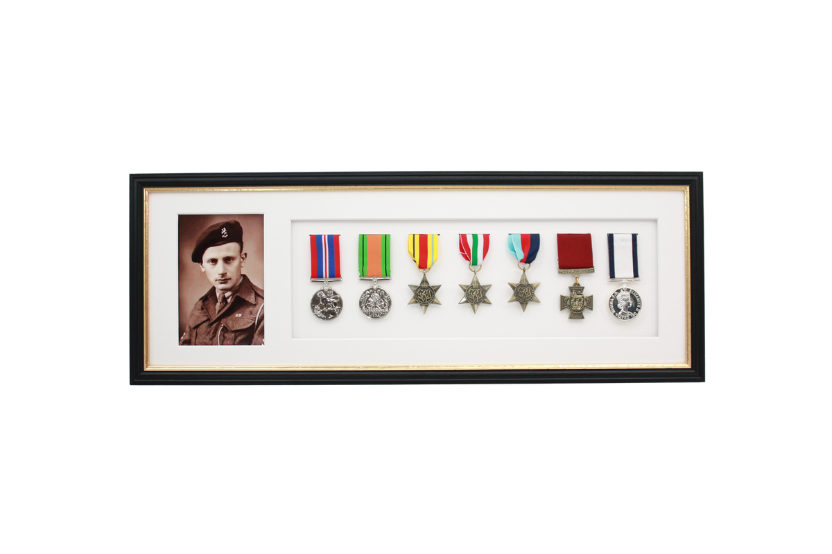 Military Medal display Frame for Seven Medals and one 6x4" Photo. Traditional Range.
