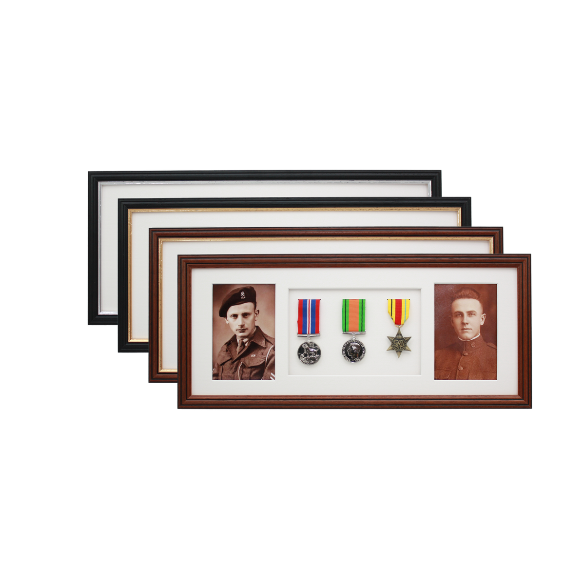 Military Medal display Frame for Three Medals and two 6x4" Photographs. Traditional Range. - PhotoFramesandMore - Wooden Picture Frames