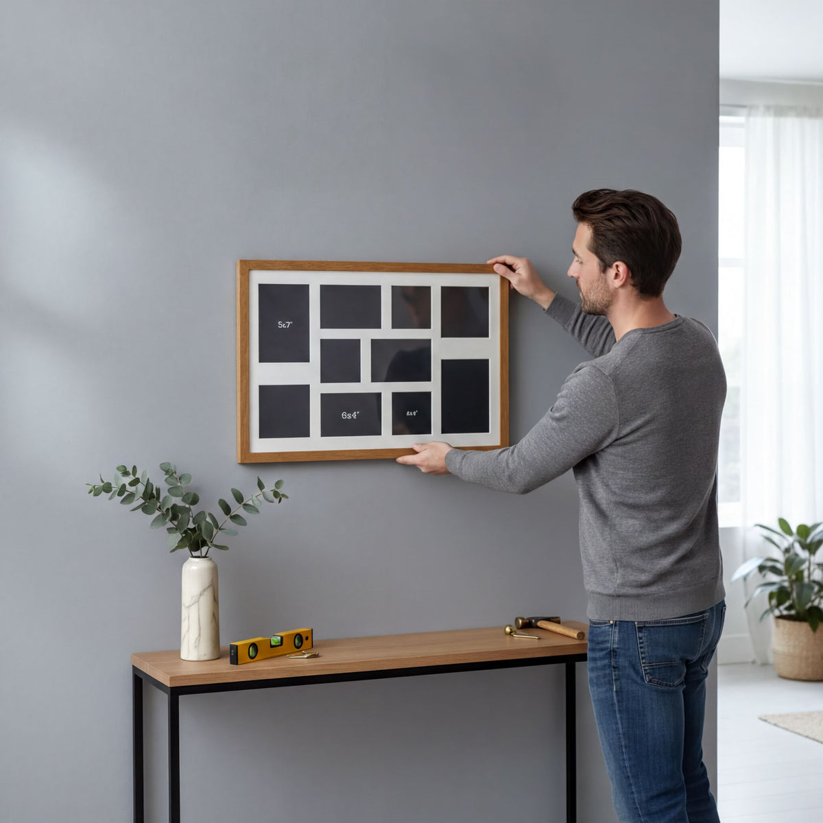 A man is hanging a picture frame on a gray wall, with a wooden table and a vase of greenery nearby.