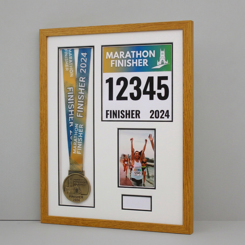 a framed display with a gold medal, a photo of a runner, and the number 12345.