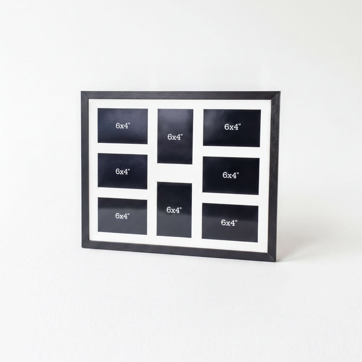 A black and white photo frame with nine smaller square photos arranged in a 3x3 grid.