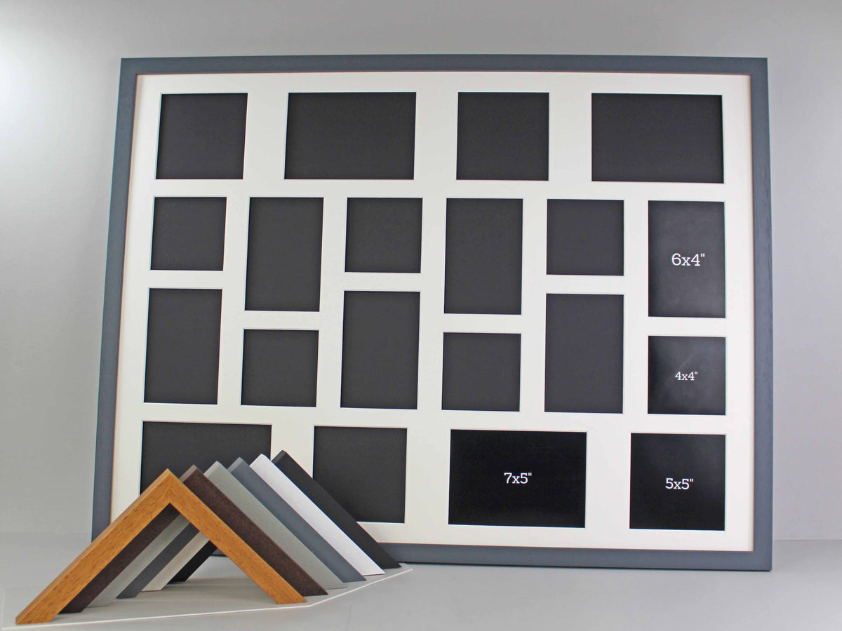 Suits Twenty photos. Mixed sizes, 4x4" 6x4" 5x5" 5x7". 60x80cm. Wooden Collage / Multi Aperture Photo Frame. - PhotoFramesandMore - Wooden Picture Frames