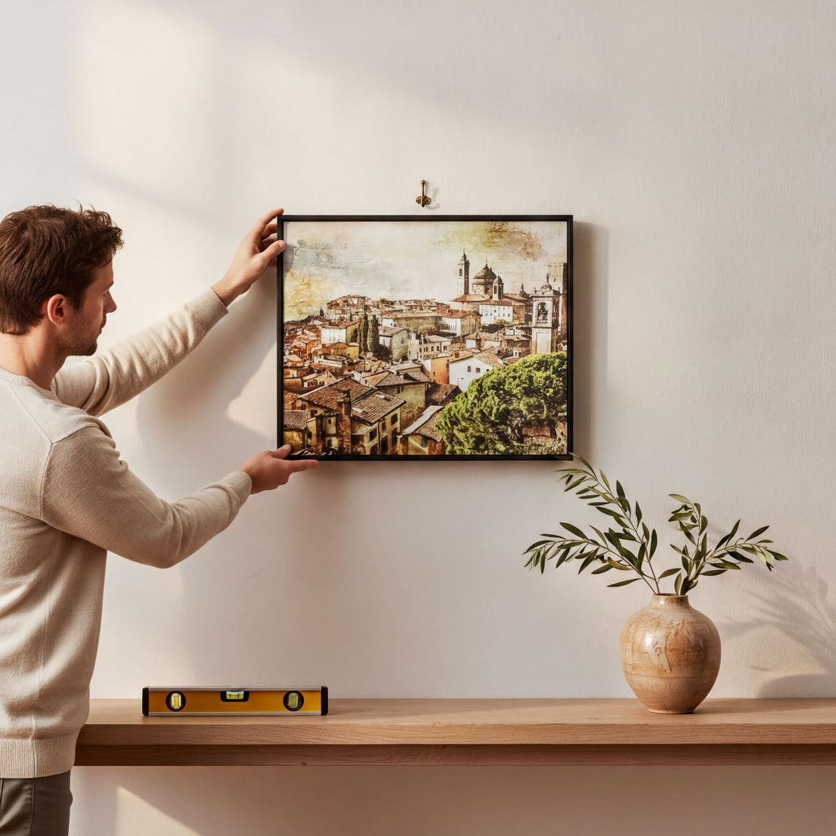 A man is hanging a framed picture of a cityscape on a wall, with a wooden shelf below it and a potted plant to the right.