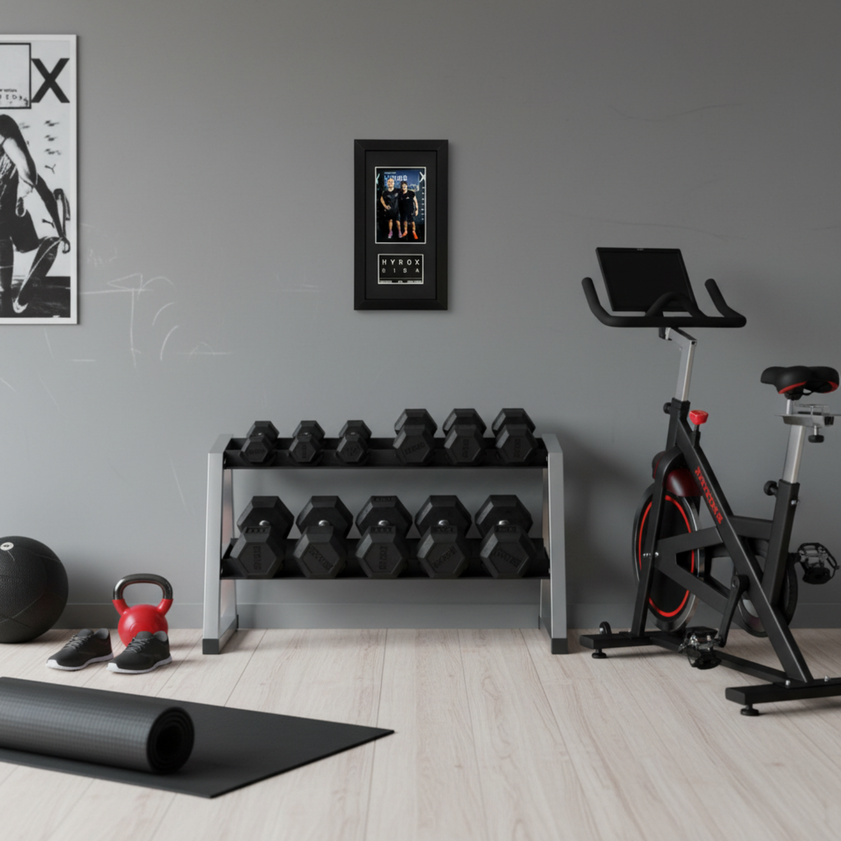 A well-equipped home gym with various fitness equipment, including dumbbells, a stationary bike, and a yoga mat.
