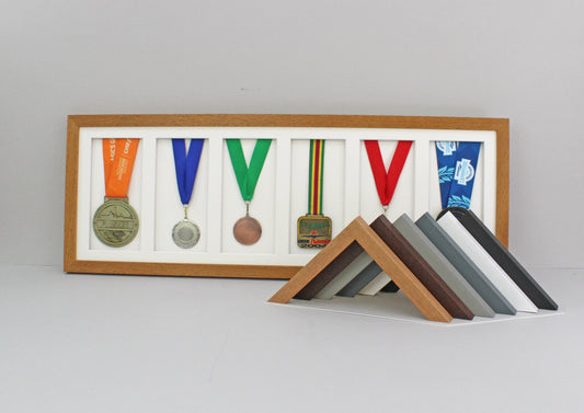 Medal Display frame for Six Medals. 25x75cm. - PhotoFramesandMore - Wooden Picture Frames