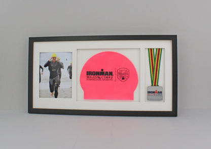 Medal display Frame with Apertures for Swim Cap and Photo. 30x60cm. Swimmers | Triathletes | Athletes - PhotoFramesandMore - Wooden Picture Frames