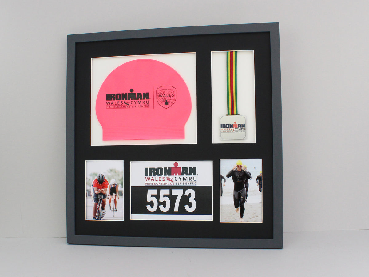 Medal display Frame with Apertures for Swim Cap, Running Bib, Medal and two Photos. 50x50cm. Swimmers | Triathletes | Athletes - PhotoFramesandMore - Wooden Picture Frames