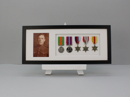 Military  Medal display Frame for Five Medals and one 6x4" Photo | WW1 | WW2 - PhotoFramesandMore - Wooden Picture Frames