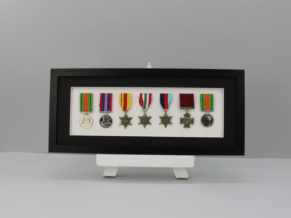 Military and Service Medal display Frame for Seven Medals. 20x50cm. Service Medals | War Medals | WW1 | WW2 | Commemorative Medals - PhotoFramesandMore - Wooden Picture Frames