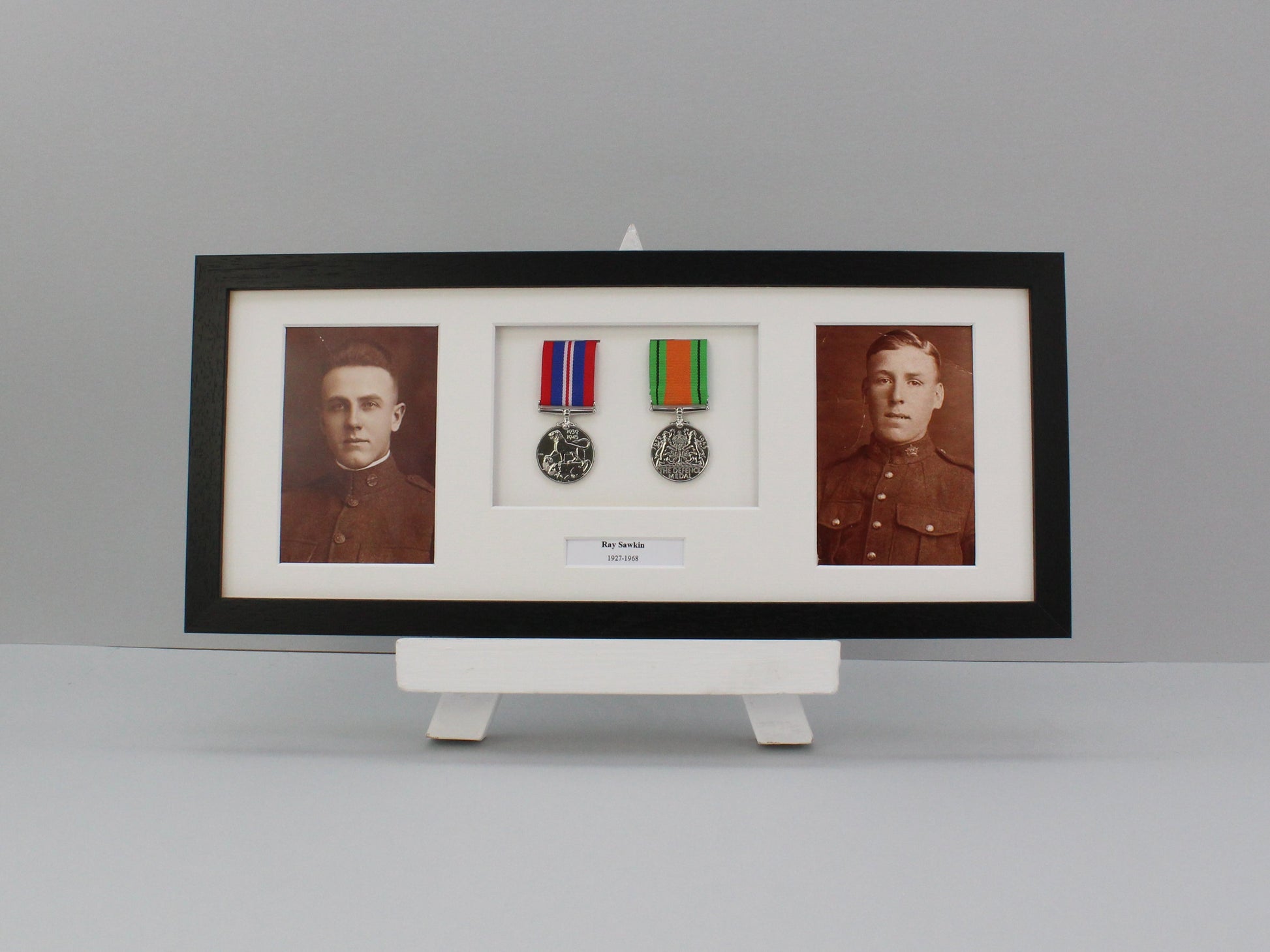 Personalised Military and Service Medal display Frame for Two Medals and two 6x4" Photographs. 20x50cm. Handmade. War Medals. - PhotoFramesandMore - Wooden Picture Frames
