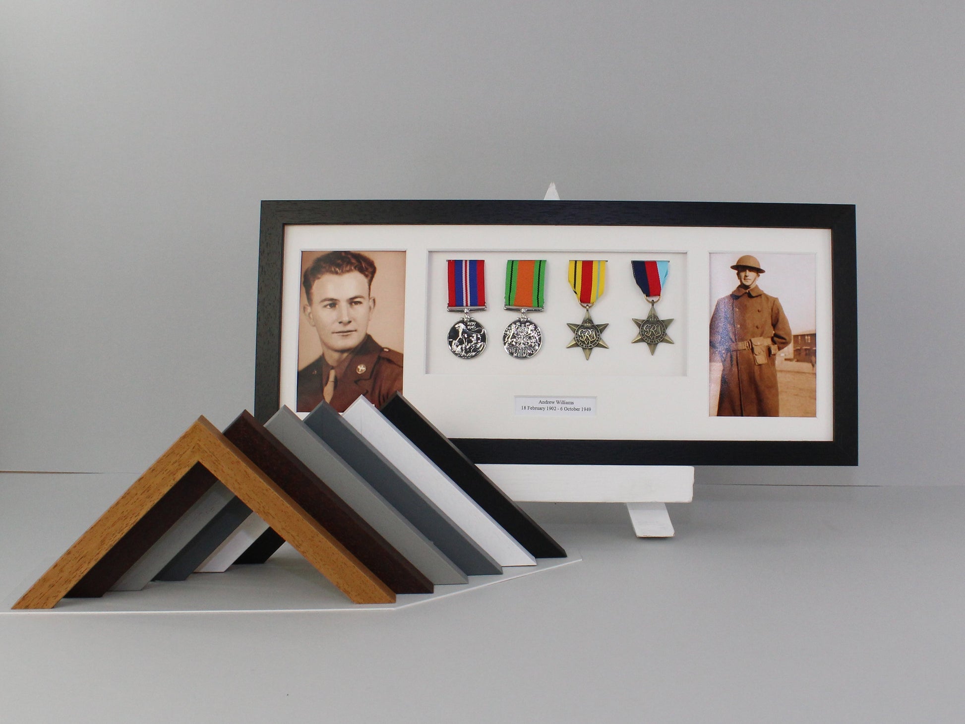 Personalised Military Medal display Frame for Four Medals and Two 6x4" Photographs. 20x50cm. - PhotoFramesandMore - Wooden Picture Frames