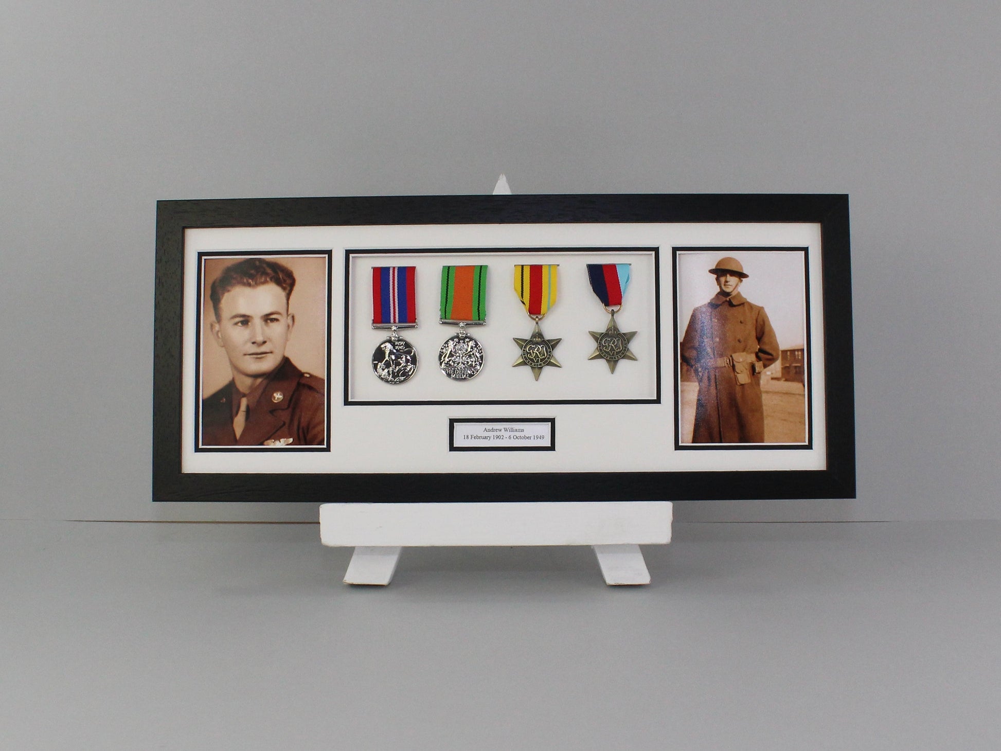 Personalised Military Medal display Frame for Four Medals and Two 6x4" Photographs. 20x50cm. - PhotoFramesandMore - Wooden Picture Frames