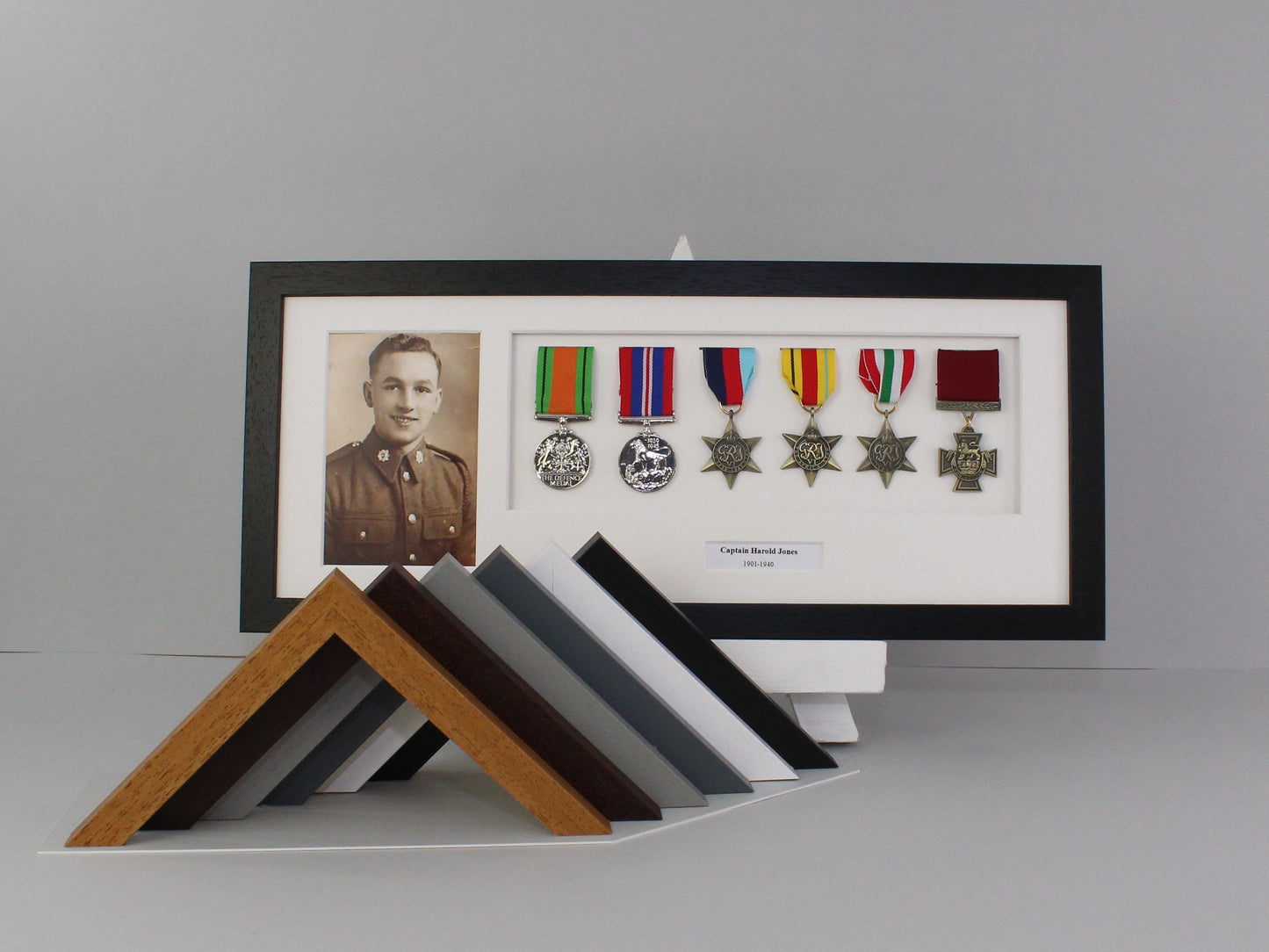 Personalised Military and Service Medal display Frame for Six Medals and a 6x4" Photograph. 20x50cm. - PhotoFramesandMore - Wooden Picture Frames