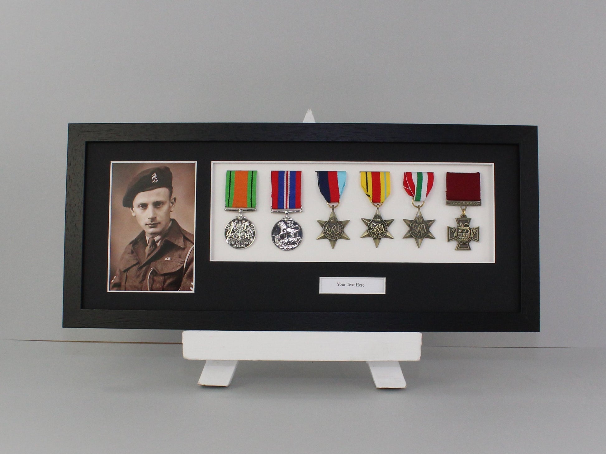 Personalised Military and Service Medal display Frame for Six Medals and one 6x4" Photograph. 20x50cm.War Medals. - PhotoFramesandMore - Wooden Picture Frames