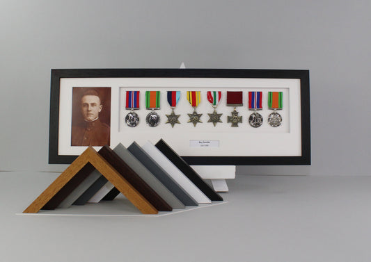 Personalised Military Medal display Frame for Eight Medals and a 6x4" Photograph. 20x60cm. - PhotoFramesandMore - Wooden Picture Frames