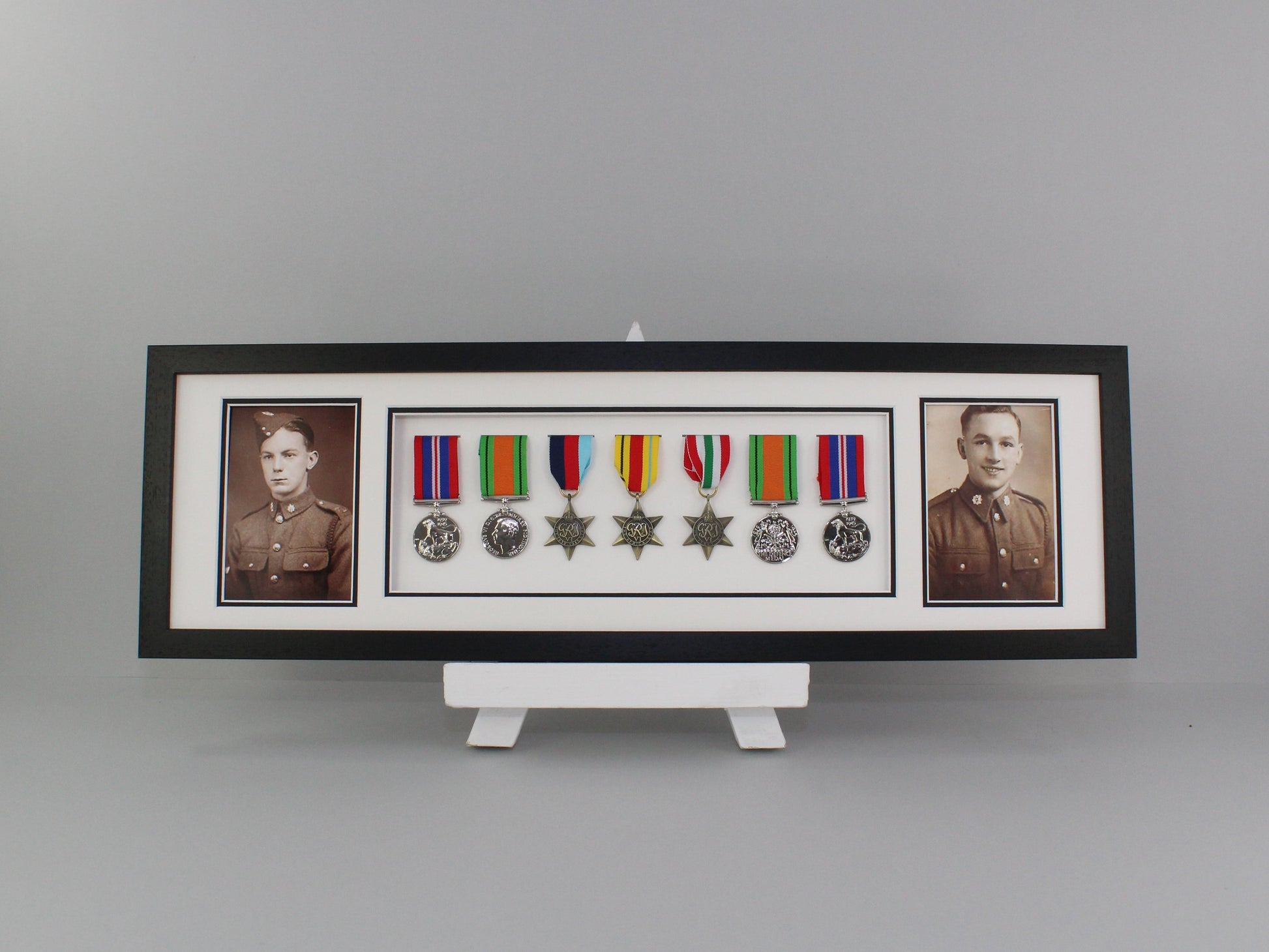 Military and Service Medal display Frame for Seven Medals and two 6x4" Photographs. 20x70cm. - PhotoFramesandMore - Wooden Picture Frames
