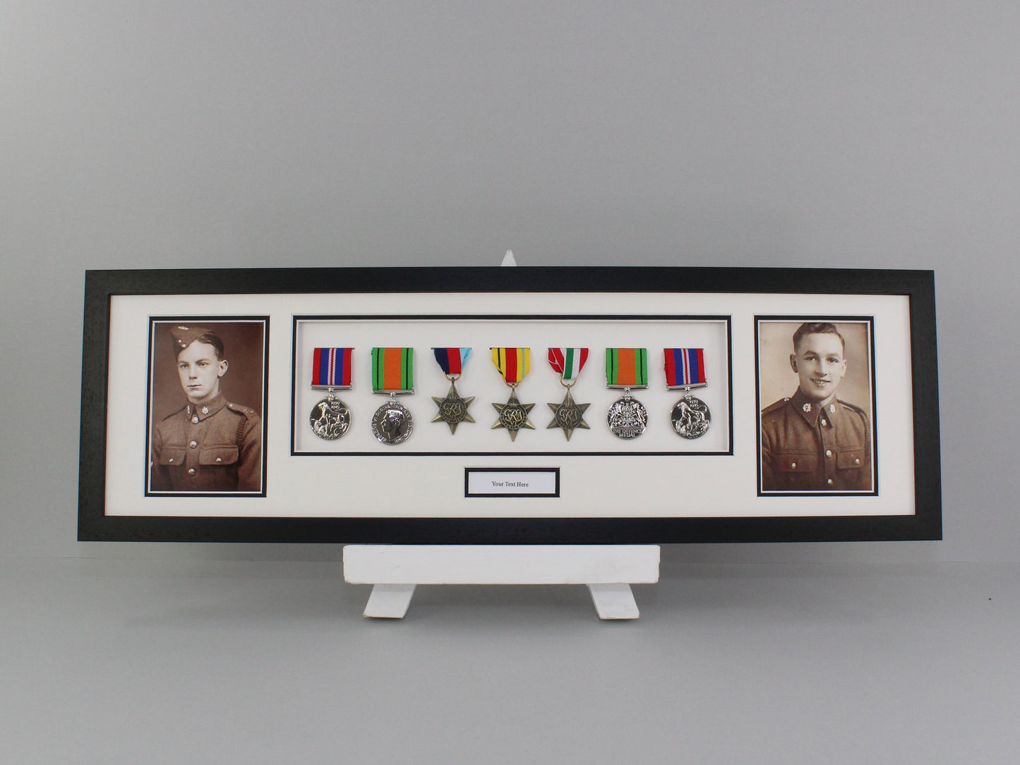 Personalised Military Medal display Frame for Seven Medals and two 6x4" Photographs. 20x70cm.  War Medals. - PhotoFramesandMore - Wooden Picture Frames