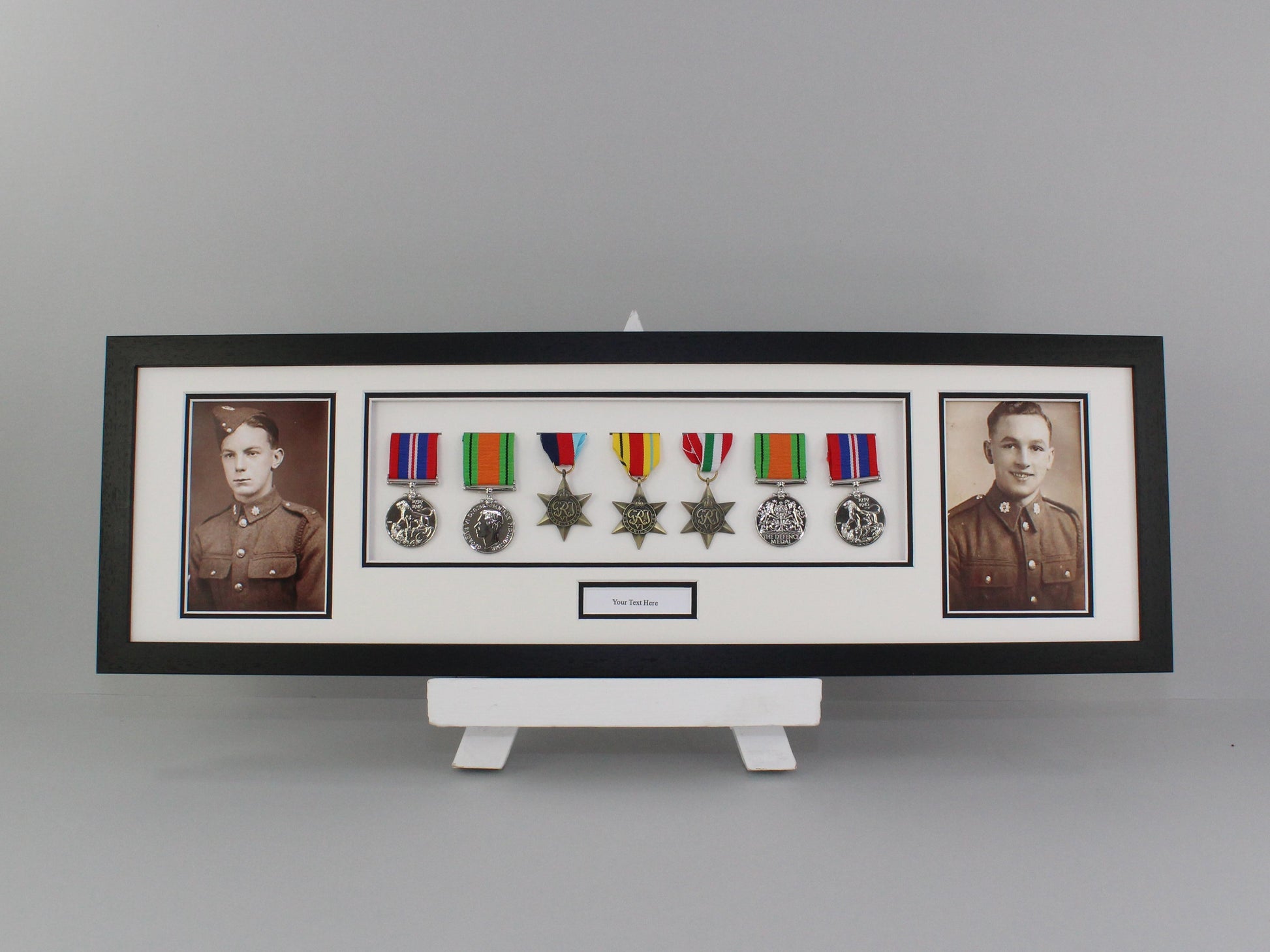 Personalised Military Medal display Frame for Seven Medals and two 6x4" Photographs. 20x70cm.  War Medals. - PhotoFramesandMore - Wooden Picture Frames