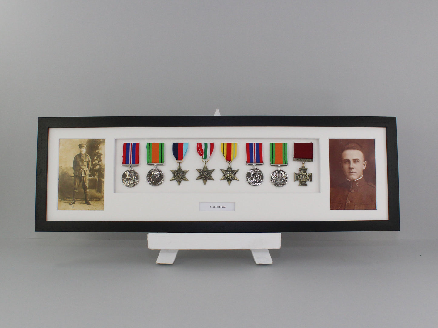 Personalised Military Medal display Frame for Eight Medals and two 6x4" Photographs. 20x70cm.  War Medals. - PhotoFramesandMore - Wooden Picture Frames