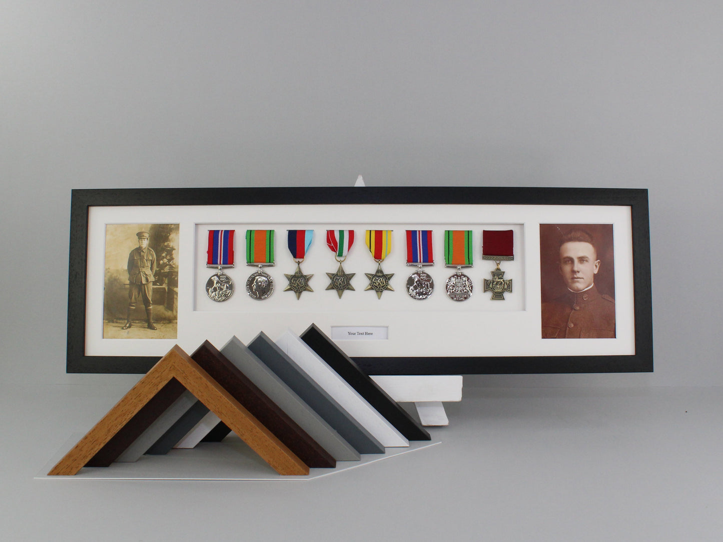 Personalised Military Medal display Frame for Eight Medals and two 6x4" Photographs. 20x70cm.  War Medals. - PhotoFramesandMore - Wooden Picture Frames