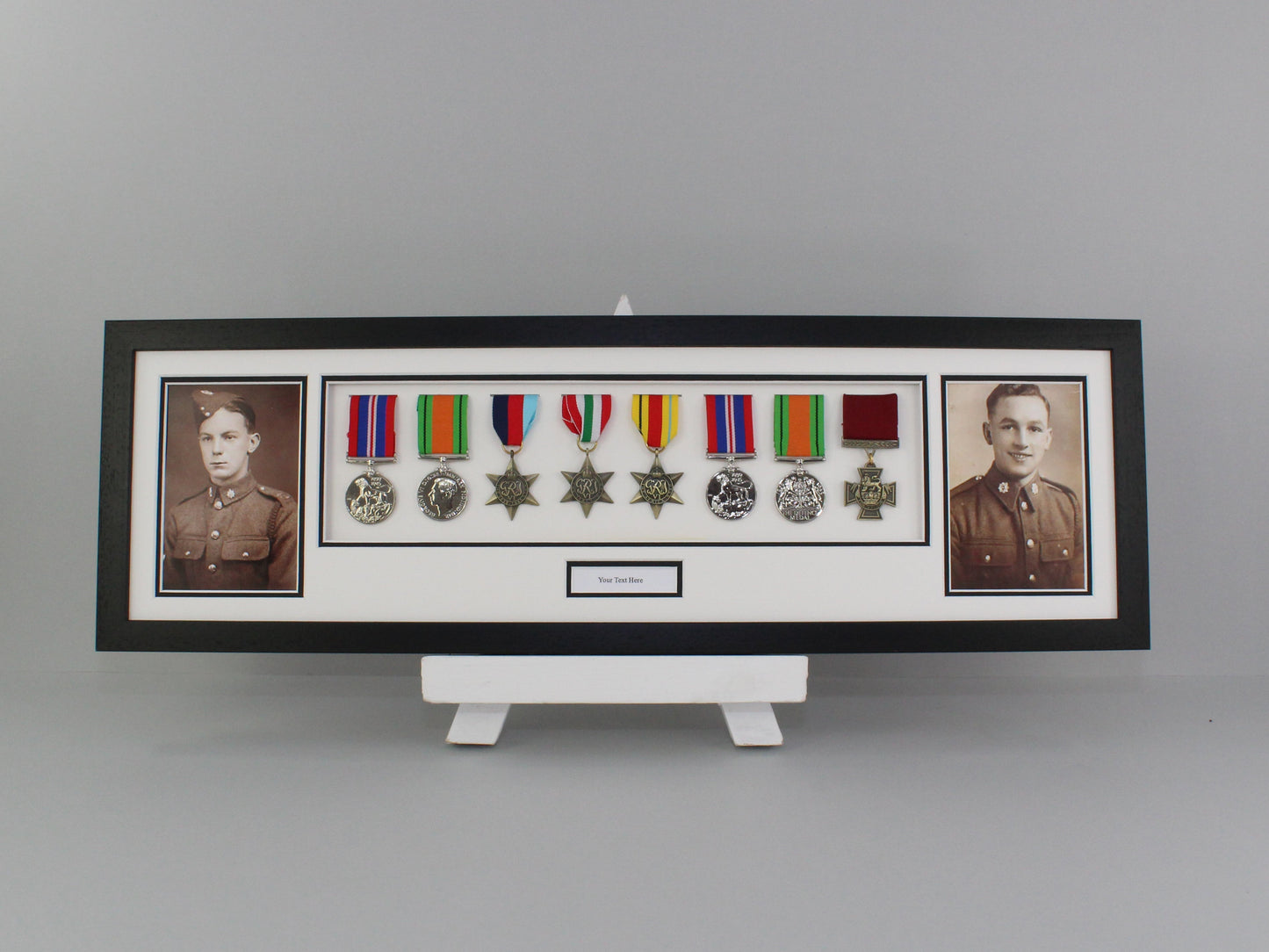 Personalised Military Medal display Frame for Eight Medals and two 6x4" Photographs. 20x70cm.  War Medals. - PhotoFramesandMore - Wooden Picture Frames