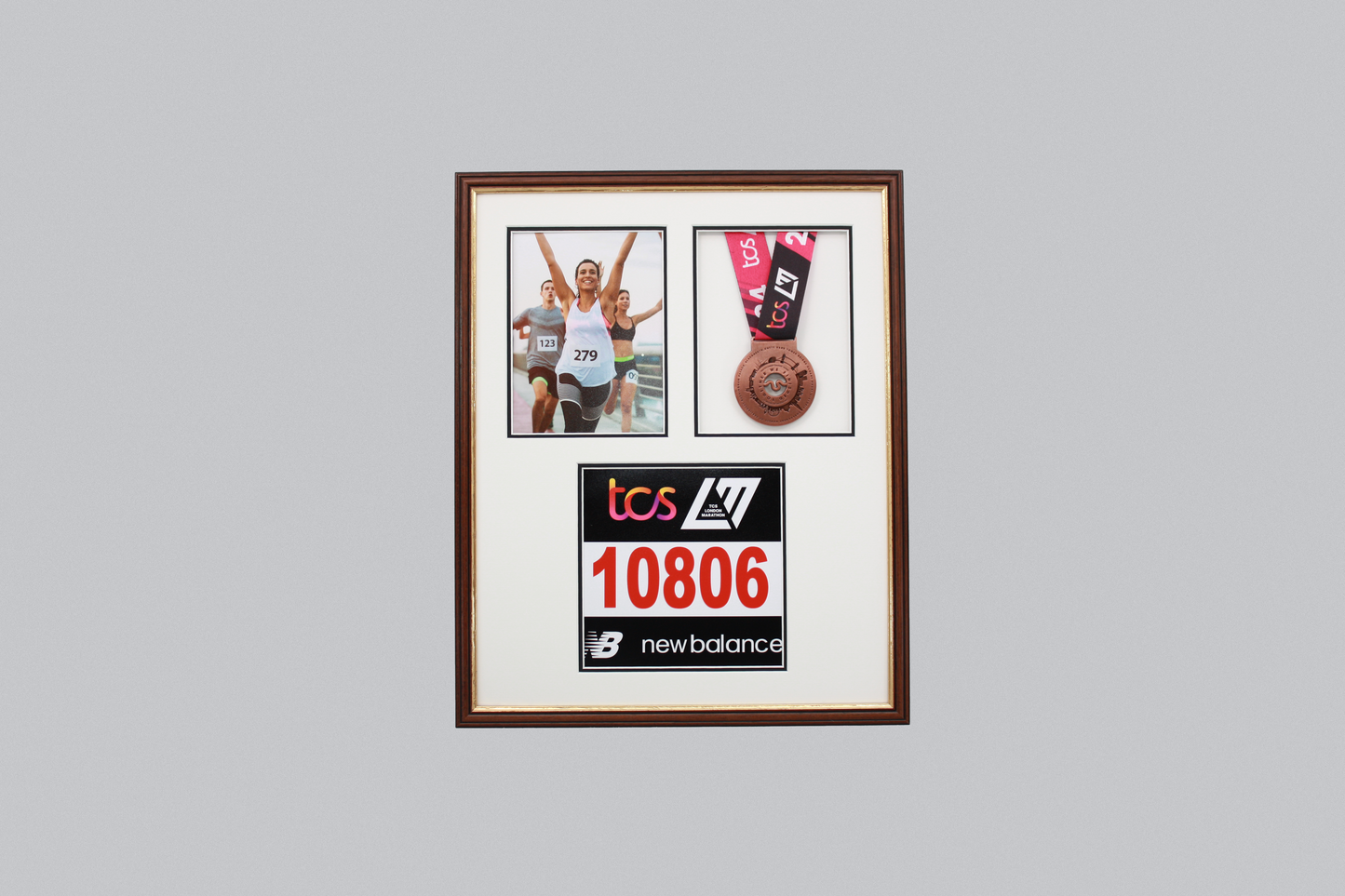 Medal display Frame with Apertures for Bib  &  Photo. Traditional Range. - PhotoFramesandMore - Wooden Picture Frames