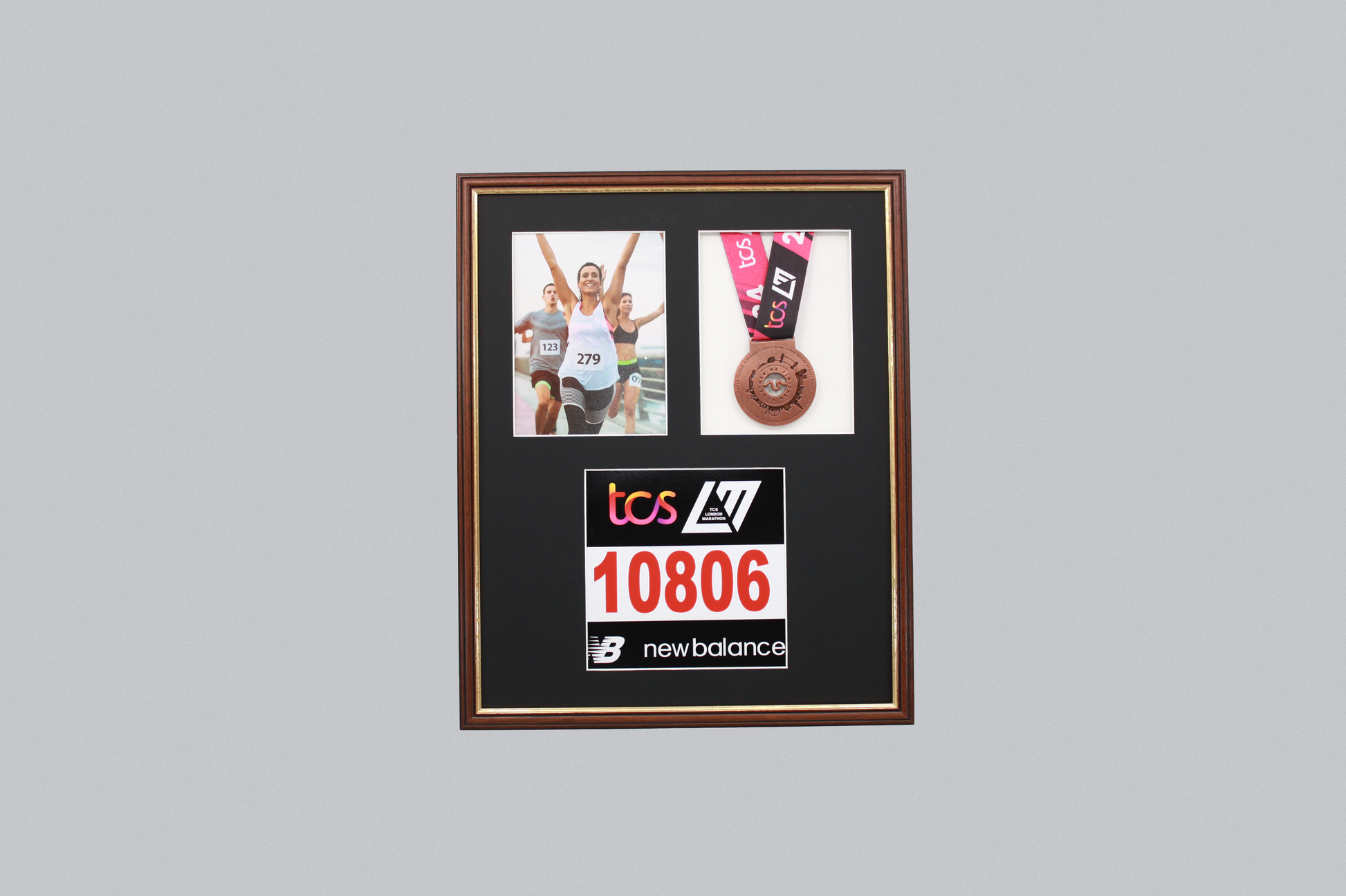 Medal display Frame with Apertures for Bib  &  Photo. Traditional Range. - PhotoFramesandMore - Wooden Picture Frames