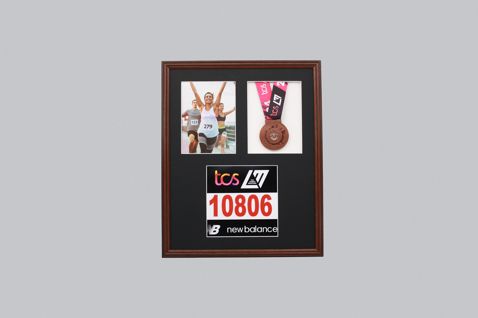 Medal display Frame with Apertures for Bib  &  Photo. Traditional Range. - PhotoFramesandMore - Wooden Picture Frames