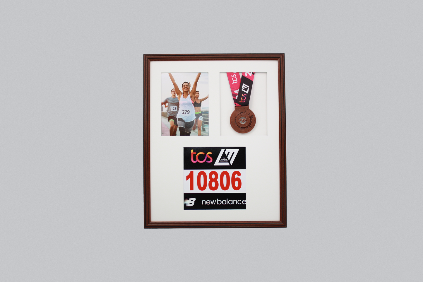 Medal display Frame with Apertures for Bib  &  Photo. Traditional Range. - PhotoFramesandMore - Wooden Picture Frames