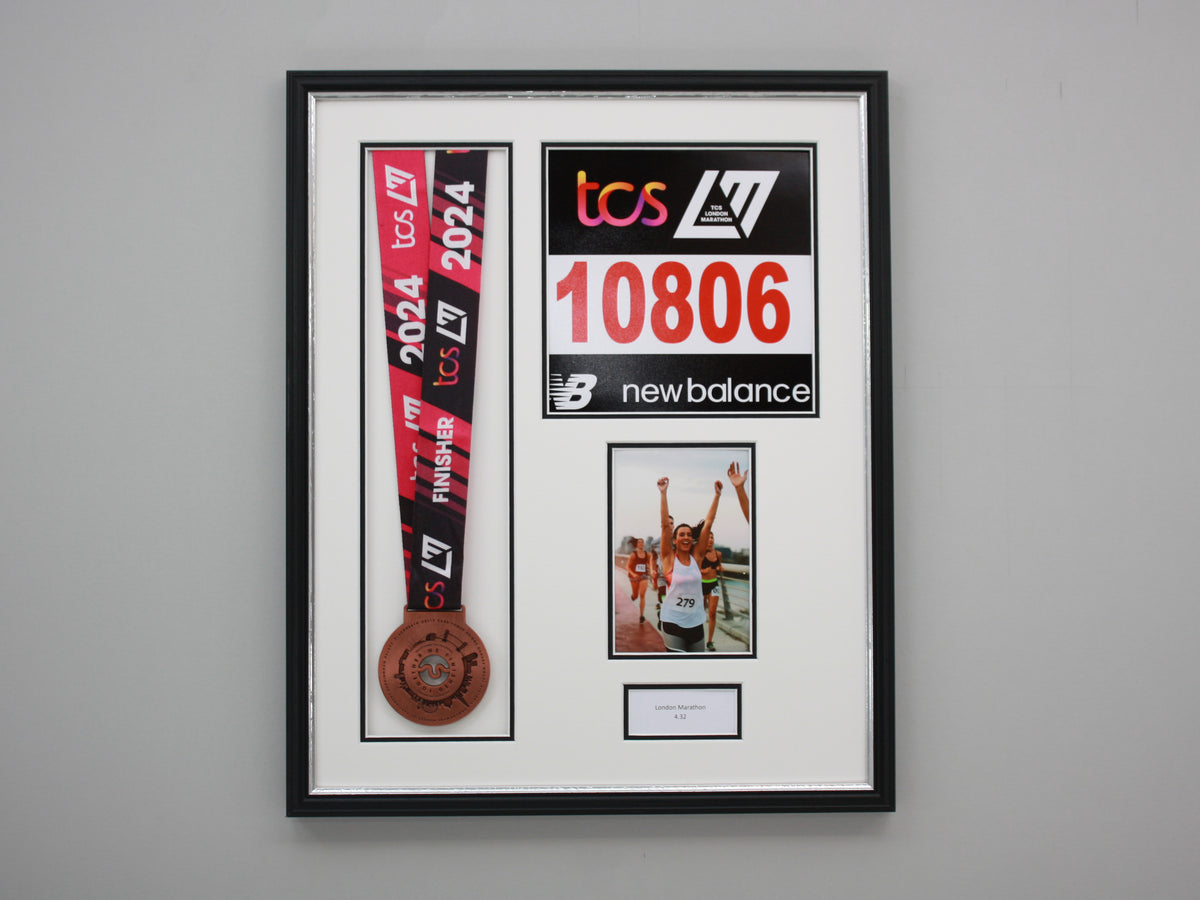 Personalised Medal display Frame with Apertures for Medal, Race Bib, 6x4" Portrait Photo and Text. Traditional Range. - PhotoFramesandMore - Wooden Picture Frames