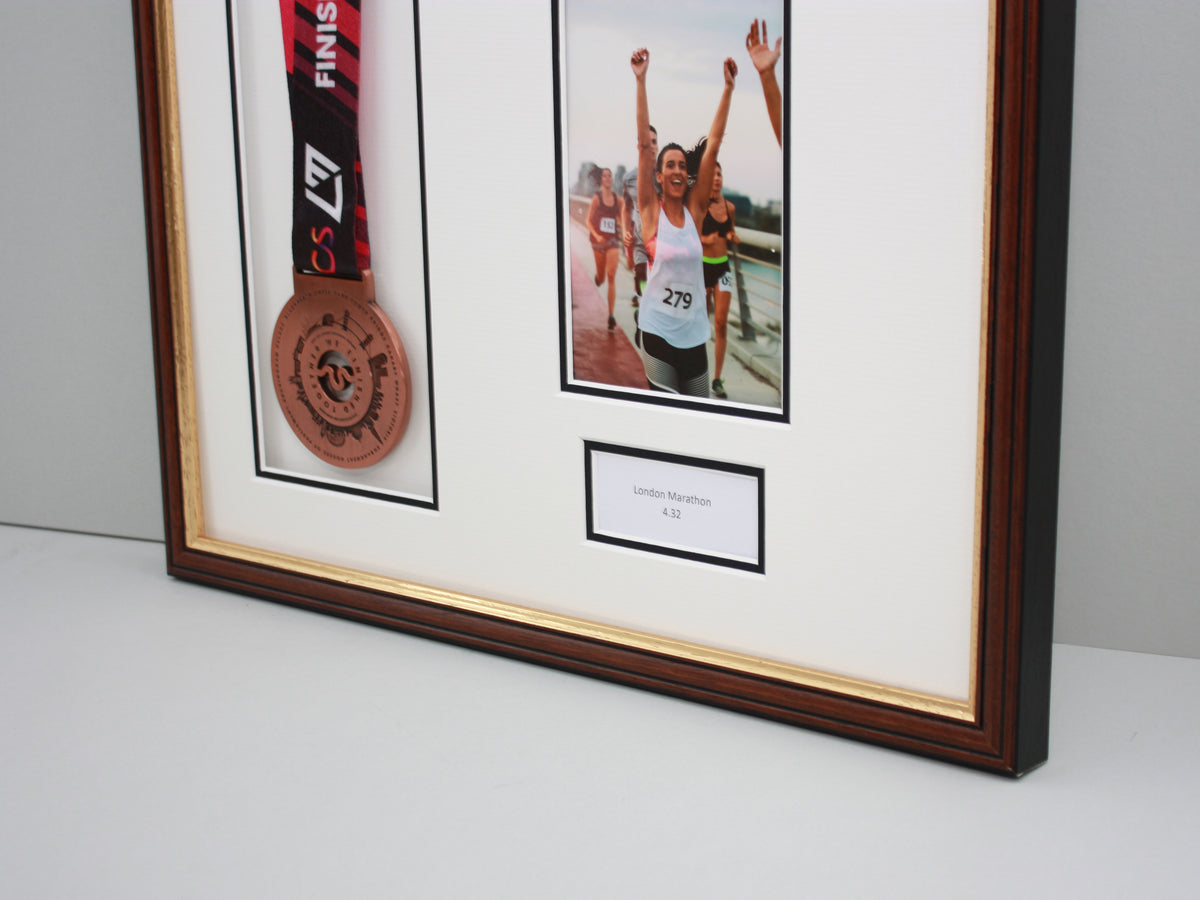 Personalised Medal display Frame with Apertures for Medal, Race Bib, 6x4" Portrait Photo and Text. Traditional Range. - PhotoFramesandMore - Wooden Picture Frames