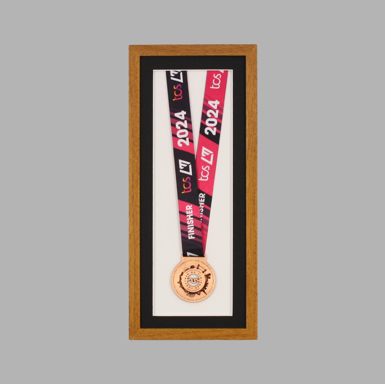 Medal display Frame. For one medal, with full ribbon on show. 20x50cm.
