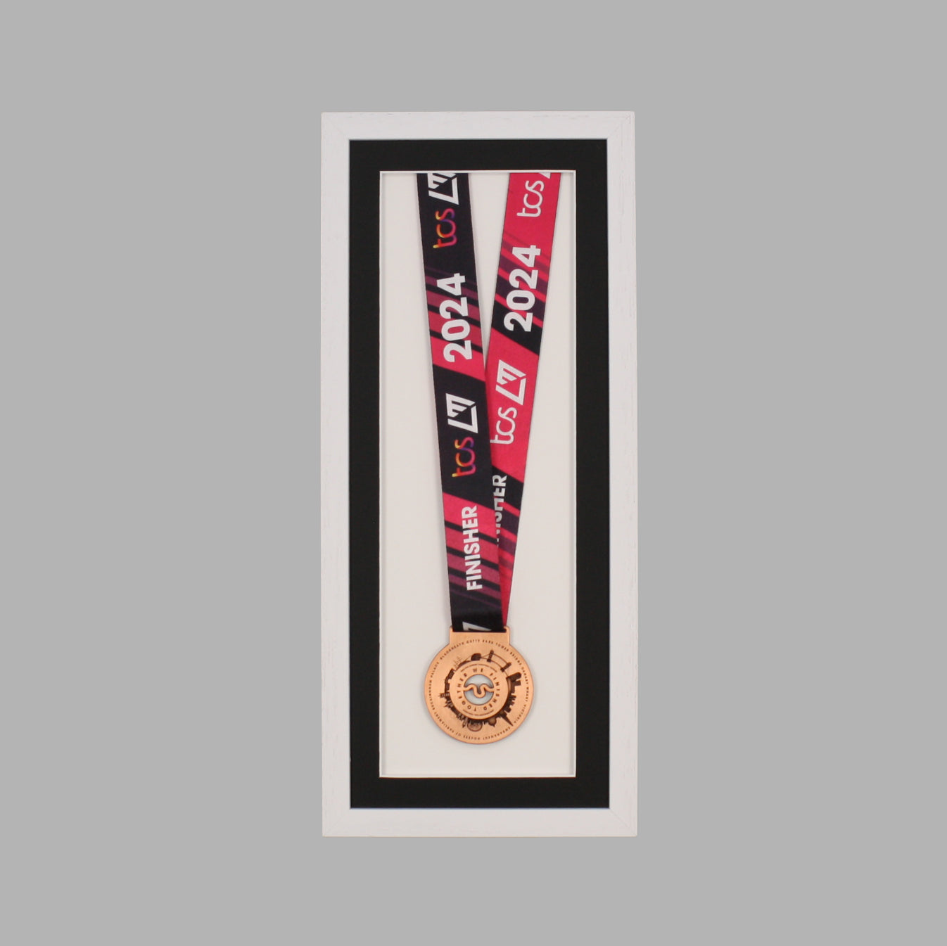 Medal display Frame. For one medal, with full ribbon on show. 20x50cm.