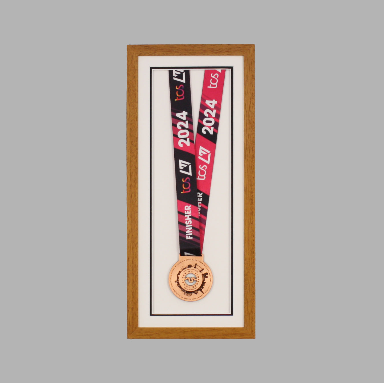 Medal display Frame. For one medal, with full ribbon on show. 20x50cm.