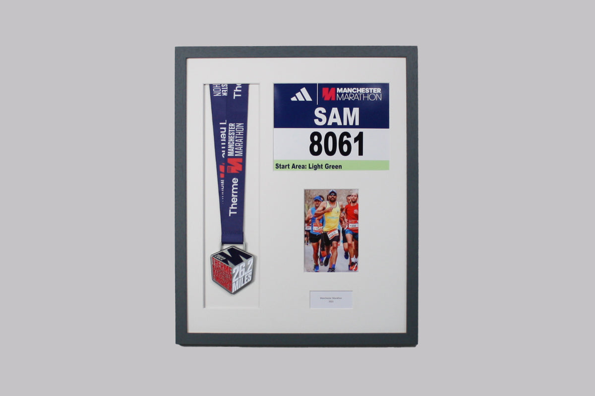 Personalised Medal display Frame with Apertures for Medal, Race Bib (21x16cm), 6x4" Photo and Text. Manchester Marathon