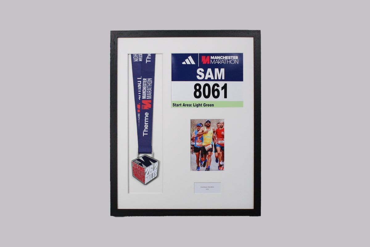 Personalised Medal display Frame with Apertures for Medal, Race Bib (21x16cm), 6x4" Photo and Text. Manchester Marathon