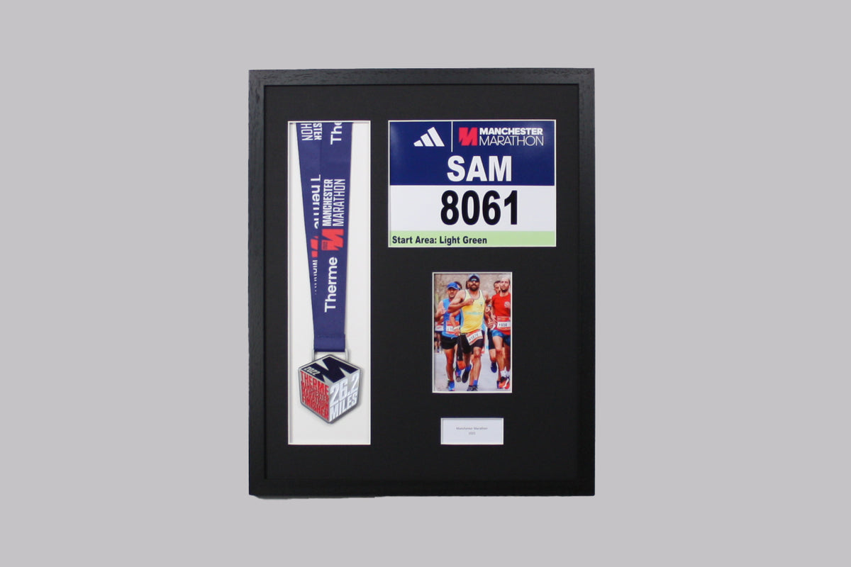 Personalised Medal display Frame with Apertures for Medal, Race Bib (21x16cm), 6x4" Photo and Text. Manchester Marathon
