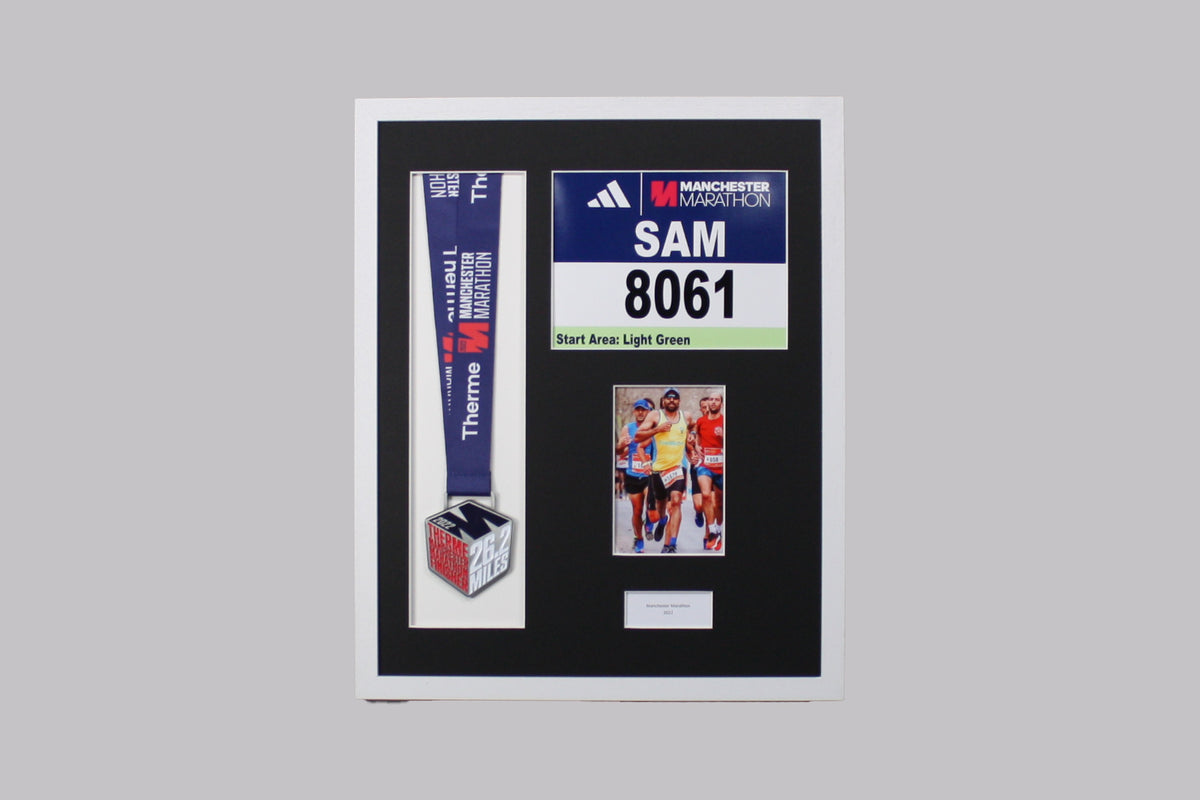 Personalised Medal display Frame with Apertures for Medal, Race Bib (21x16cm), 6x4" Photo and Text. Manchester Marathon
